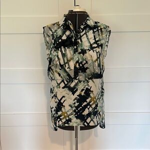 Simply Vera Vera Wang Black Green and White Sleeveless Graphic Button Down Shirt